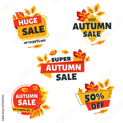 Set of red autumn sale colored stickers and banners. Big set of beautiful discount and promotion banners. Advertising element. Sale banner tag. Geometric shapes and confetti. Vector illustration.