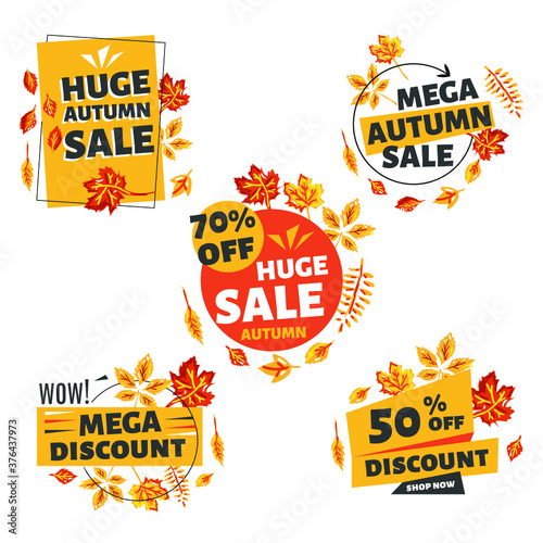 Set of red autumn sale colored stickers and banners. Big set of beautiful discount and promotion banners. Advertising element. Sale banner tag. Geometric shapes and confetti. Vector illustration.