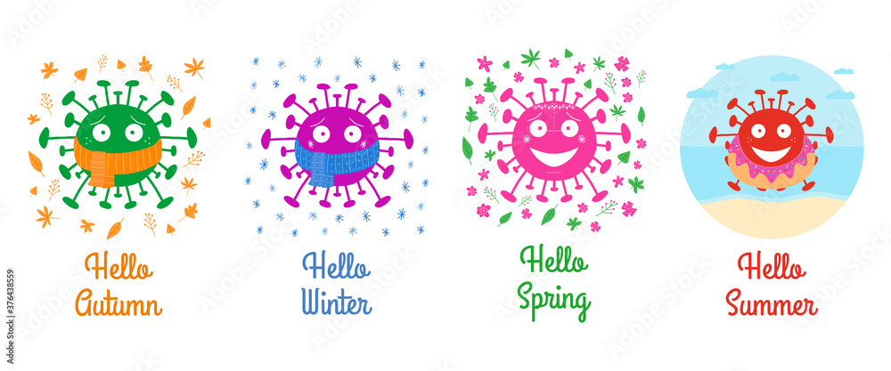 Coronavirus times of year cards. Hello autumn, winter, spring, summer. Isolated on white background. Vector stock illustration.