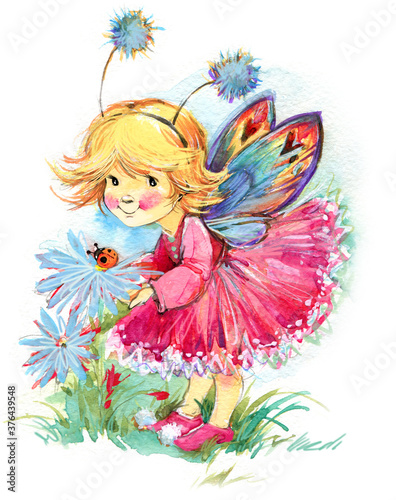 Cute Winged Fairies watercolor set. Fairy tale cartoon forest series