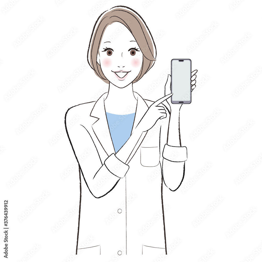 A woman doctor wearing lab coat smiling showing smart phone and introducing. A woman doctor wearing lab coat smiling showing smart phone and introducing.