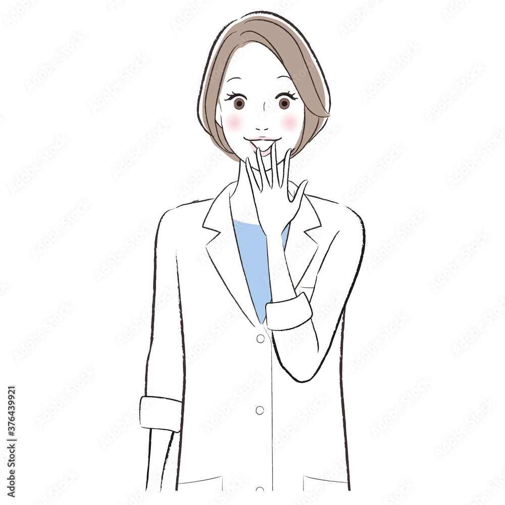 A woman doctor wearing lab coat surprising with feeling happy. A woman doctor wearing lab coat surprising with feeling happy.