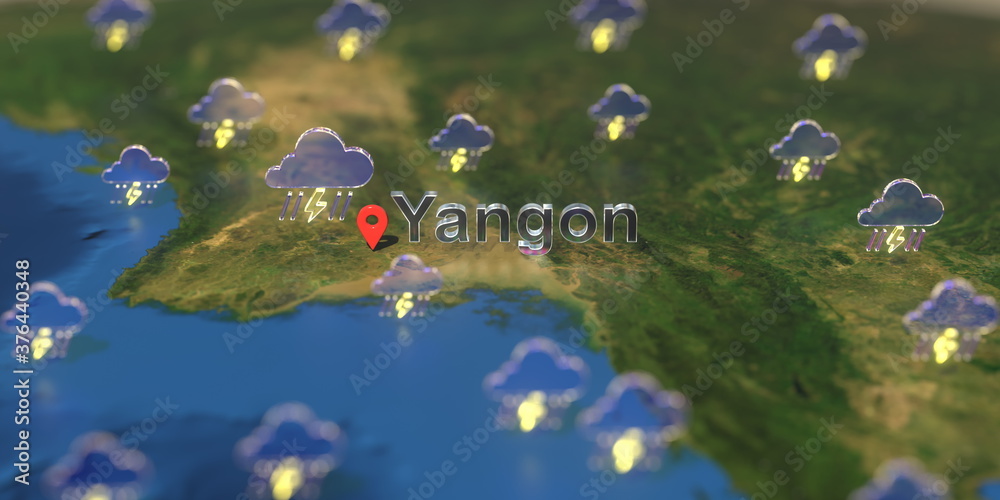 Stormy weather icons near Yangon city on the map, weather forecast related 3D rendering