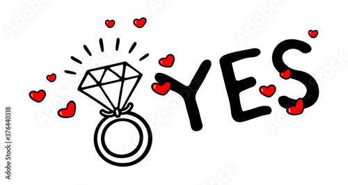 Engagement ring doodle vector illustration. Love and wedding theme. Valentine's day and hen-party Icon. For web, t-shirt, invaitation and greeting cards, banner and decoration. She/He said "Yes!"