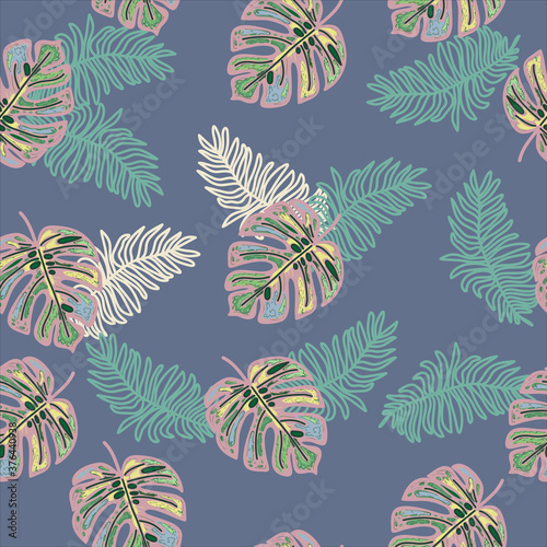 A stylish seampless pattern with white and black stripes and tropical leaves, for apprel, wrapping paper, vector illustration