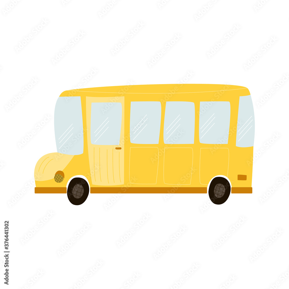 illustration of a cute yellow bus on a white background. Round bonnet and retro styled headlights. school bus for design, child's print for a boy. hand-drawn in flat style, vector