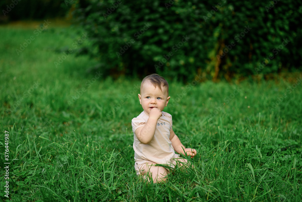 Little one-year-old girl sits on the grass. Little one-year-old girl sits on the grass.