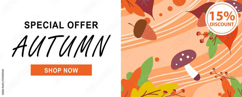 Autumn sale text banners for September shopping promo or autumnal shop discount. Vector maple and oak acorn leaf foliage, mushroom and berry for discount design of leaflet or web banner