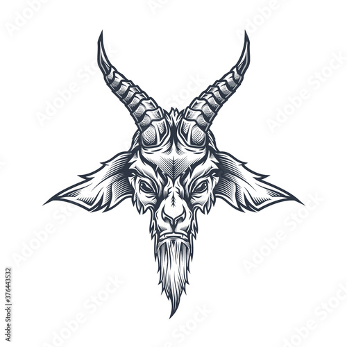 Goat head mascot. Colorful vector illustration in stylish engraving technique of goat head. Isolated on white background.