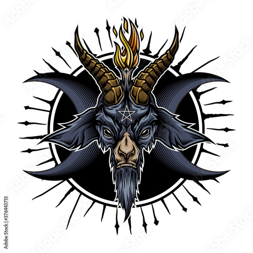 Baphomet goat head design. Vector illustration in stylish engraving technique of goat head with torch light, pentagram, half moons and star rays elements on black background. Occult symbol.