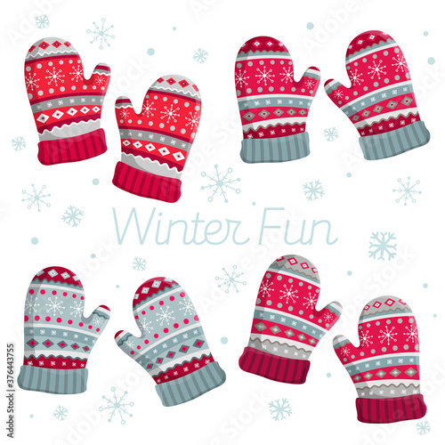Set of vintage winter mittens isolated on white background. Traditional retro style, colors and pattern design. Vector illustration. Christmas greeting card with gloves.
