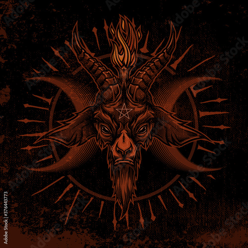 Baphomet goat head design. Vector illustration in stylish engraving technique of goat head with torch light, pentagram, half moons and star rays elements on black background. Occult symbol.