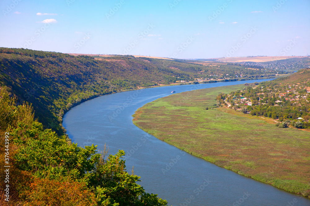 Moldova Dnister River Scenery . Aerial view of flowing river 