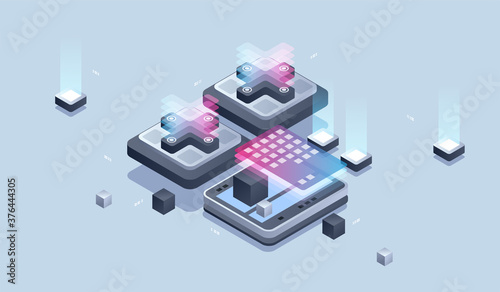 Web design and development. Mobile application development, Programmer and engineering isometric illustration.