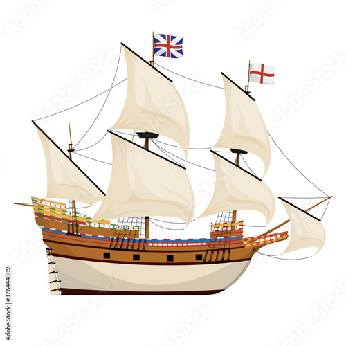 The Mayflower ship. Piligrim ship. Cartoon vector illustration for Thanksgiving day holiday.
