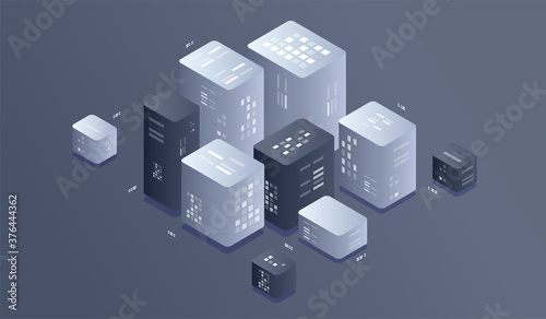 Isometric Digital Technology Web Banner. BIG DATA Machine Learning Algorithms. interacting Data analysis, research, audit, demographics, Artificial Intelligence, isometric visualization concept
