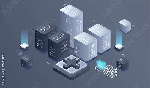 Isometric Digital Technology Web Banner. BIG DATA Machine Learning Algorithms. interacting Data analysis, research, audit, demographics, Artificial Intelligence, isometric visualization concept