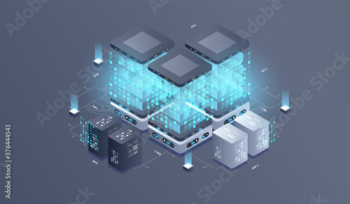 Technology isometric infographic design for quantum computer. Blockchain server concept, server room, database, information storage. Creative isometric concept.