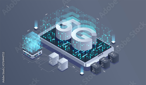 5G network wireless technology. Communication network, Business isometric concept.