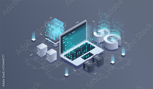 5G network wireless technology. Communication network, Business isometric concept.