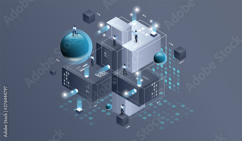 Datacenter isometric vector illustration. information flow,digital science lab, data center server room isometric concept.