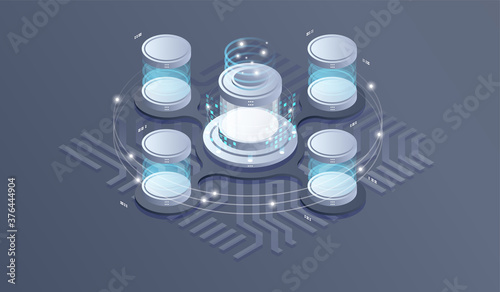 Datacenter isometric vector illustration. information flow,digital science lab, data center server room isometric concept.
