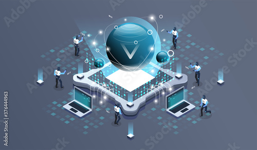 Technology isometric infographic design for quantum computer, artificial intelligence, Concept of big data. Digital information technologies.
