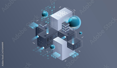 Technology isometric infographic design for quantum computer, artificial intelligence, Concept of big data. Digital information technologies.