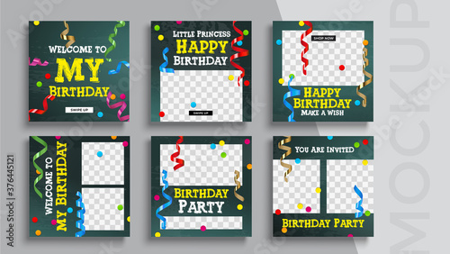 Happy Birthday banner editable template. Set of social media mobile app for shopping, sale, product promotion. 