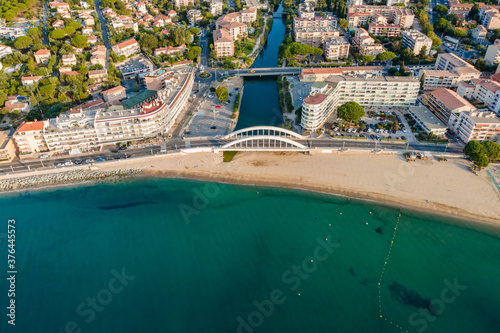 Aerial view of Sainte-Maxime seafront and its famous bridge in French Riviera (South of France) photo