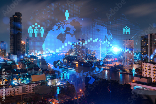 Photography Glowing Social media icons on night panoramic city view of Bangkok, Asia