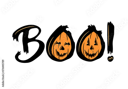 Halloween holiday quote Boo! with pumpkins. Template for posters and card design. Vector illustration.