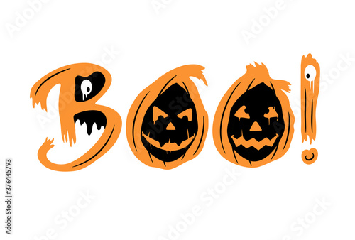 Halloween holiday quote Boo! with pumpkins and eyes. Template for posters and card design. Vector illustration.