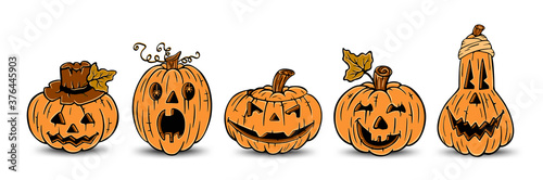 Set of orange pumpkins with carved faces. The main symbol of the Halloween holiday. Vector illustration isolated on white background.