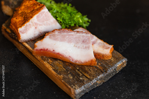 smoked bacon spices meat pork cheek serving size salt raw natural product top view copy space for text photo