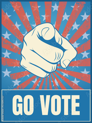 American presidential election 2020 campaign poster template. Hand pointing, go vote message, motivational flyer. photo