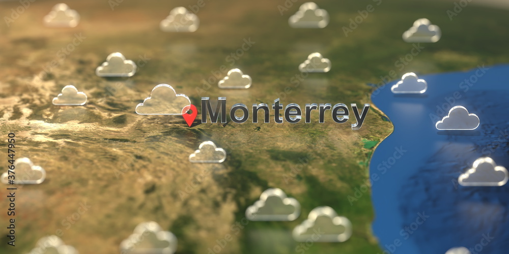 Cloudy weather icons near Monterrey city on the map, weather forecast related 3D rendering Cloudy weather icons near Monterrey city on the map, weather forecast related 3D rendering