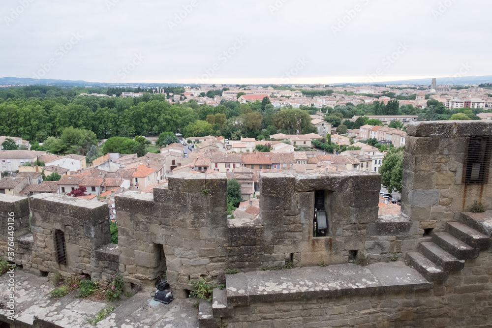 The roofs of historic downtown of Carcassone, France and the medieval castle - Cité de Carcassonne