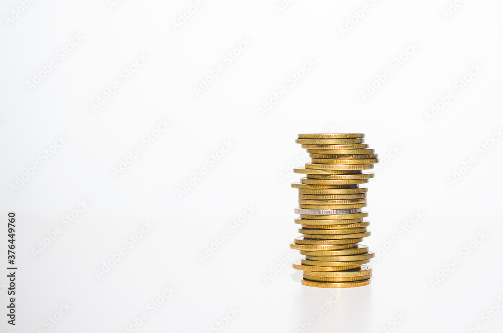 golden coin stack row growing pile on white background for money saving and investment business financial and banking concept. golden coin stack row growing pile on white background for money saving and investment business financial and banking concept.