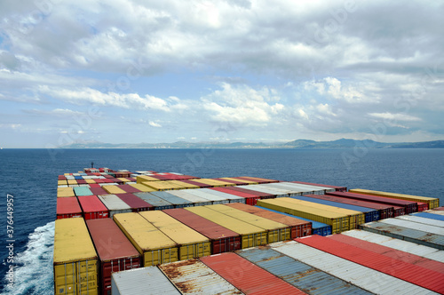 View on deck of container ship, during her passage through the ocean. 