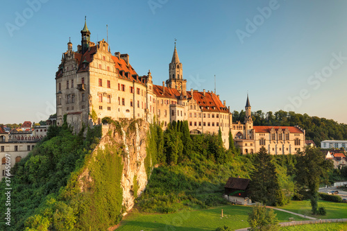 Sigmaringen Castle at sunset, Upper Danube Valley, Swabian Jura, Baden-Wurttemberg photo