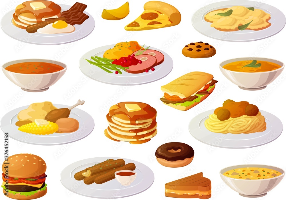 Vector illustration of various american home cooked food menu restaurant items isolated on white background Vector illustration of various american home cooked food menu restaurant items isolated on white background