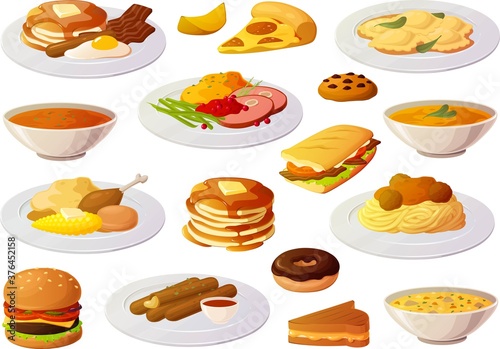 Vector illustration of various american home cooked food menu restaurant items isolated on white background