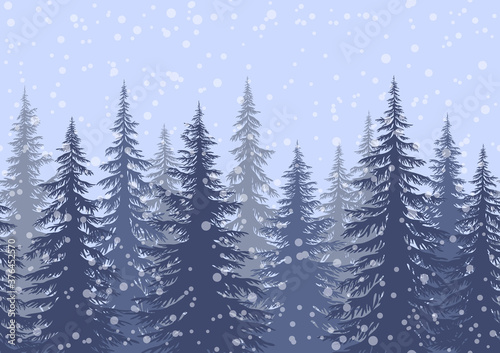 Seamless Horizontal Winter Landscape with Christmas Coniferous Trees and Snowflakes, Tile Holiday Background. Vector © oksanaok