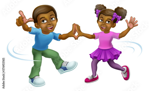 Young black little girl and boy cartoon kid child characters dancing