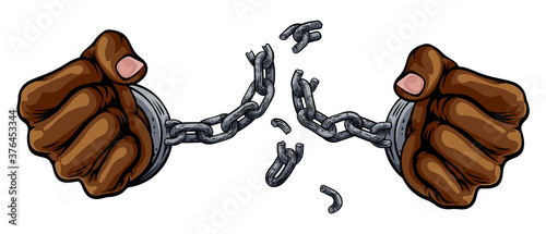 Hands in fists breaking the chain of shackle cuffs freedom concept design