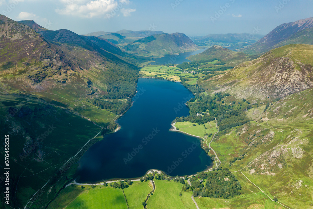 Aerial drone view of Buttermere and Crummock Water in England's Lake District
