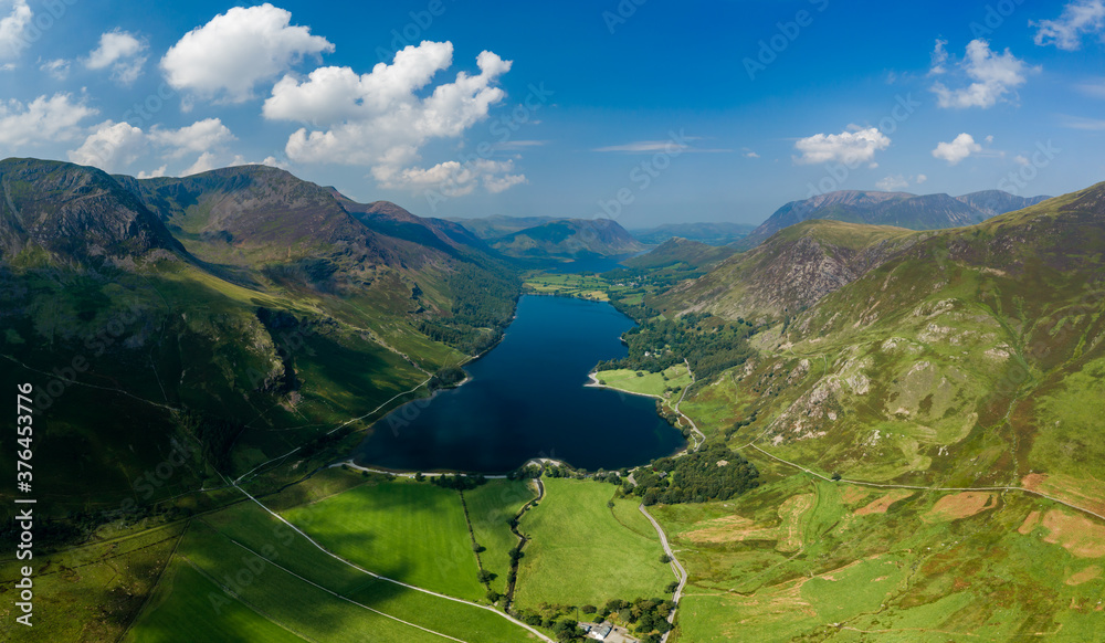 Panoramic aerial view of a beautiful lake and narrow valley (Buttermere, Lake District, England)