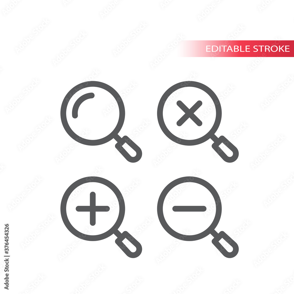 Magnifying glass, zoom thin line vector icon. Magnifier, plus and minus, simple vector symbol, outline, editable stroke. Magnifying glass, zoom thin line vector icon. Magnifier, plus and minus, simple vector symbol, outline, editable stroke.