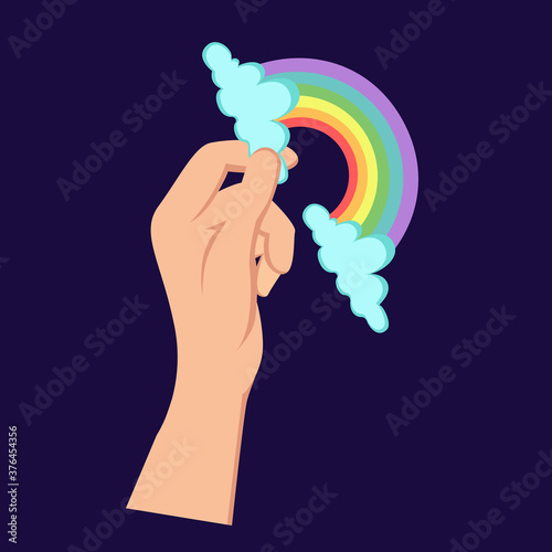 LGBTQ+ related symbol in rainbow colors.rainbow in hand.Gay pride flag. Gay flag. LGBT community symbol. Classic cartoon rainbow arc with clouds agains blue sky background. Vivid spetrum vector 